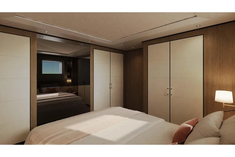 Oceano 44 Yacht Photos Pics Luxurious bedroom interior on 2027 Mangusta Oceano 44 yacht, featuring elegant wood paneling.
