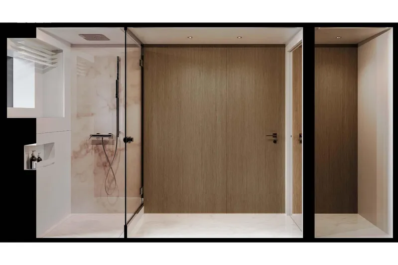 Oceano 44 Yacht Photos Pics Luxurious bathroom interior of 2027 Mangusta Oceano 44 yacht, featuring modern shower design.