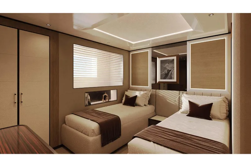 Oceano 44 Yacht Photos Pics Luxurious twin bedroom in 2027 Mangusta Oceano 44 yacht, featuring elegant decor and modern design.