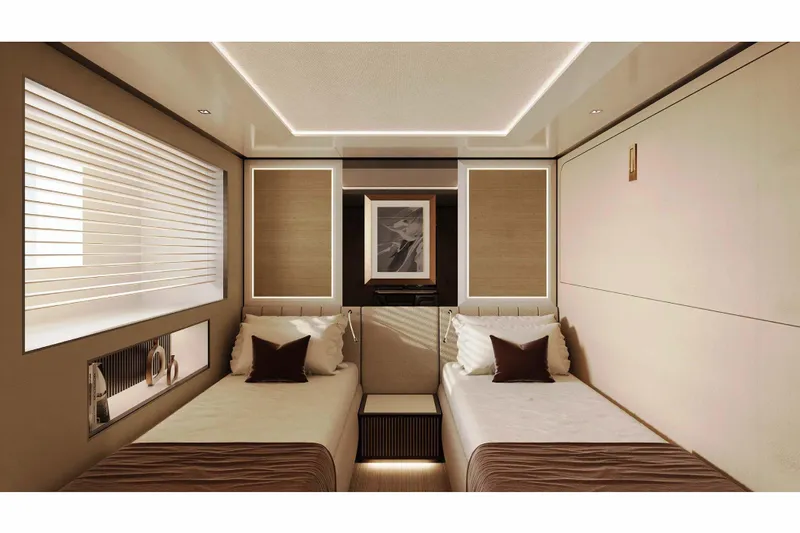 Oceano 44 Yacht Photos Pics Luxurious twin cabin interior of 2027 Mangusta Oceano 44 yacht, featuring modern design and cozy ambiance.