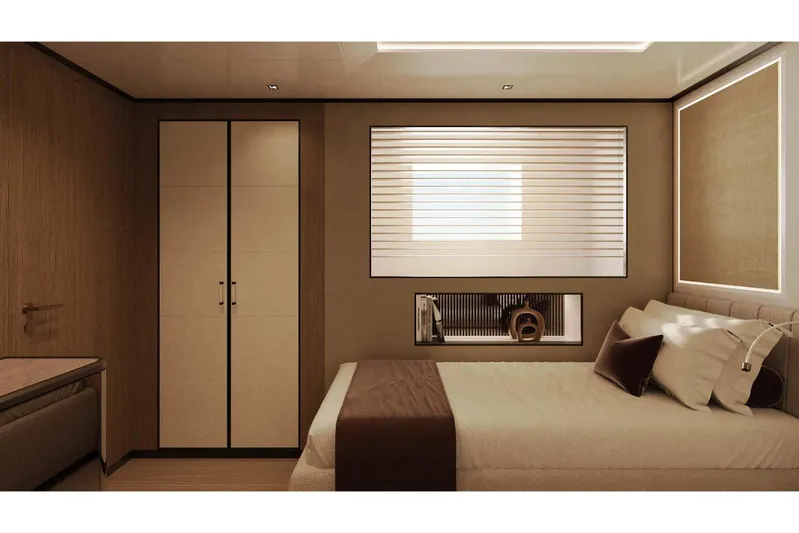 Oceano 44 Yacht Photos Pics Luxurious bedroom interior of 2027 Mangusta Oceano 44 yacht, featuring elegant design and cozy ambiance.
