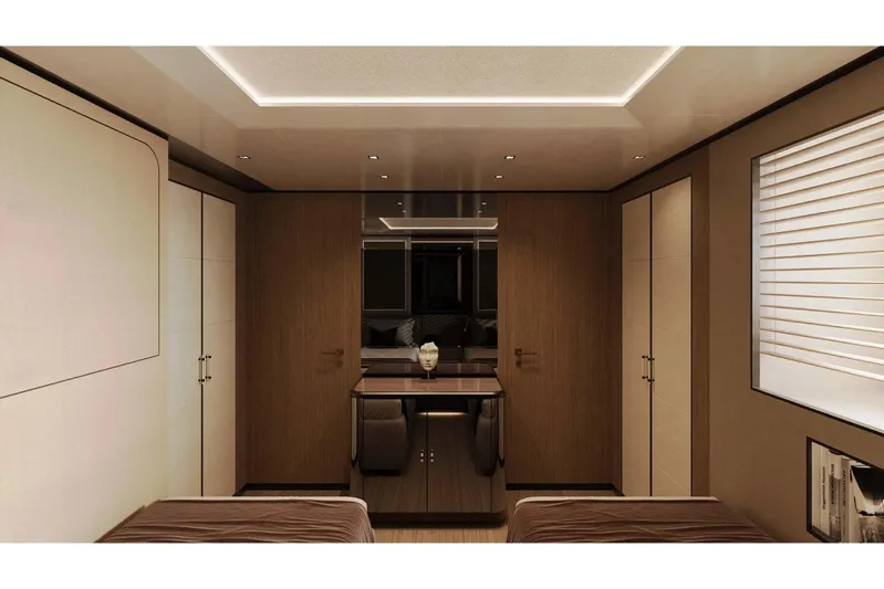 Oceano 44 Yacht Photos Pics Luxurious interior of 2027 Mangusta Oceano 44 yacht cabin with modern design elements.