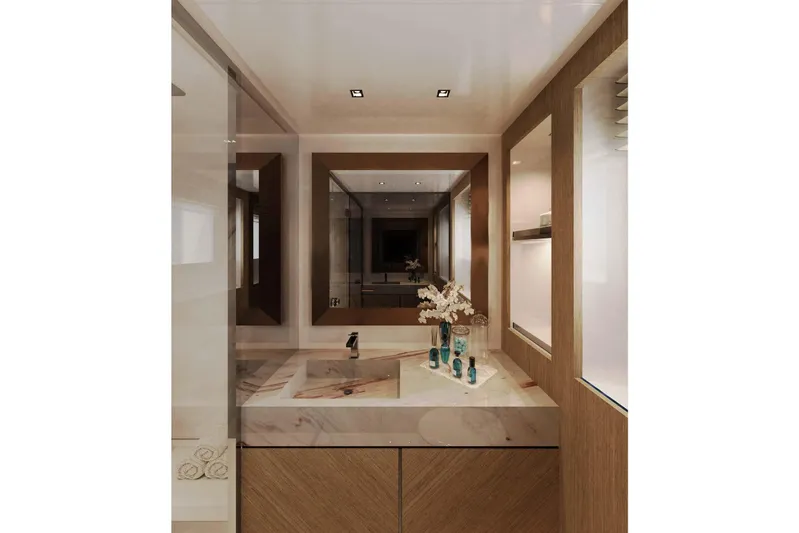 Oceano 44 Yacht Photos Pics Luxurious bathroom interior of 2027 Mangusta Oceano 44 yacht with elegant wood accents.