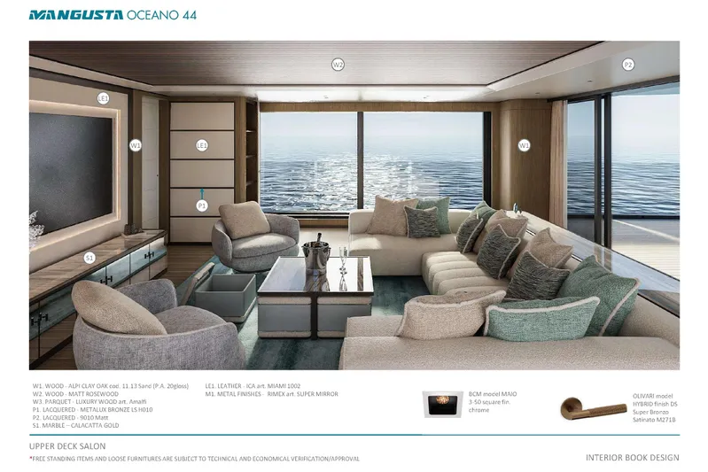 Oceano 44 Yacht Photos Pics Luxurious interior of 2027 Mangusta Oceano 44 yacht with ocean view and elegant furnishings.
