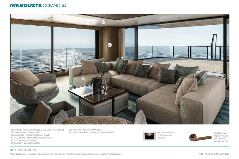 Oceano 44 Yacht Photos Pics Luxurious Mangusta Oceano 44 yacht interior with ocean view, featuring elegant seating and modern design.