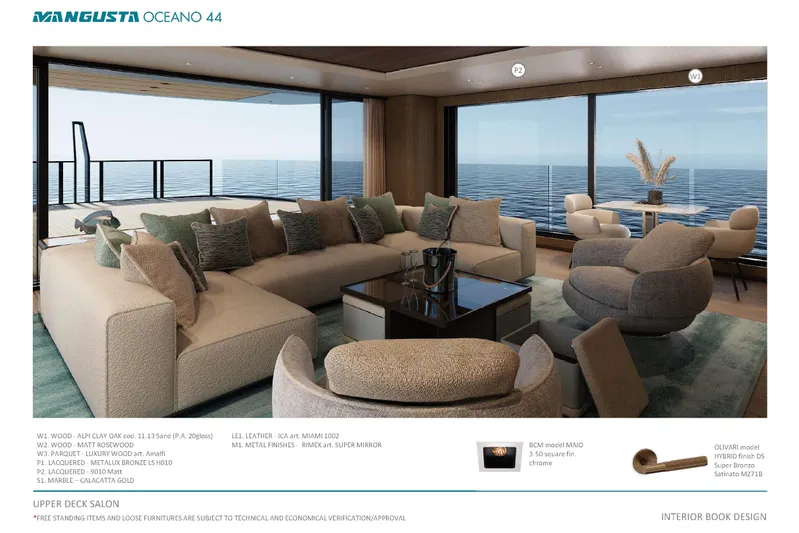 Oceano 44 Yacht Photos Pics Luxurious interior of 2027 Mangusta Oceano 44 yacht with ocean view and modern furnishings.