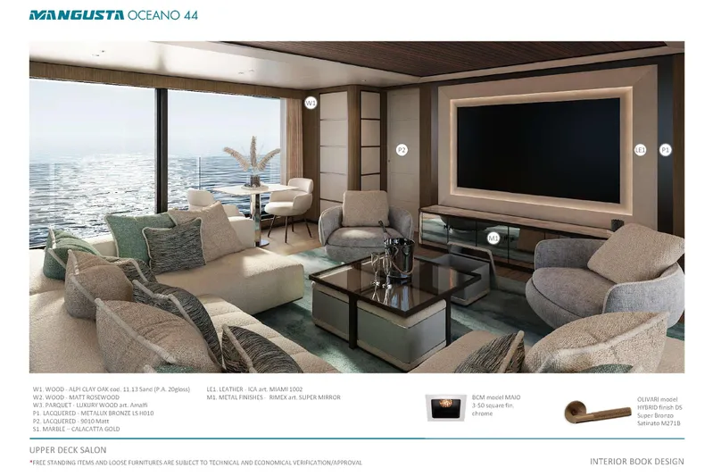 Oceano 44 Yacht Photos Pics Luxurious interior of 2027 Mangusta Oceano 44 yacht, featuring elegant seating and ocean views.