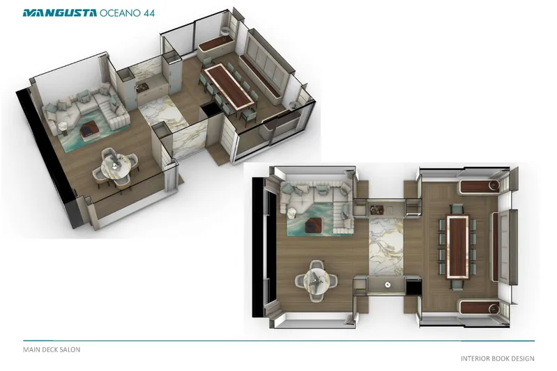 Oceano 44 Yacht Photos Pics Main deck salon layout of 2027 Mangusta Oceano 44 yacht, featuring luxurious interior design.