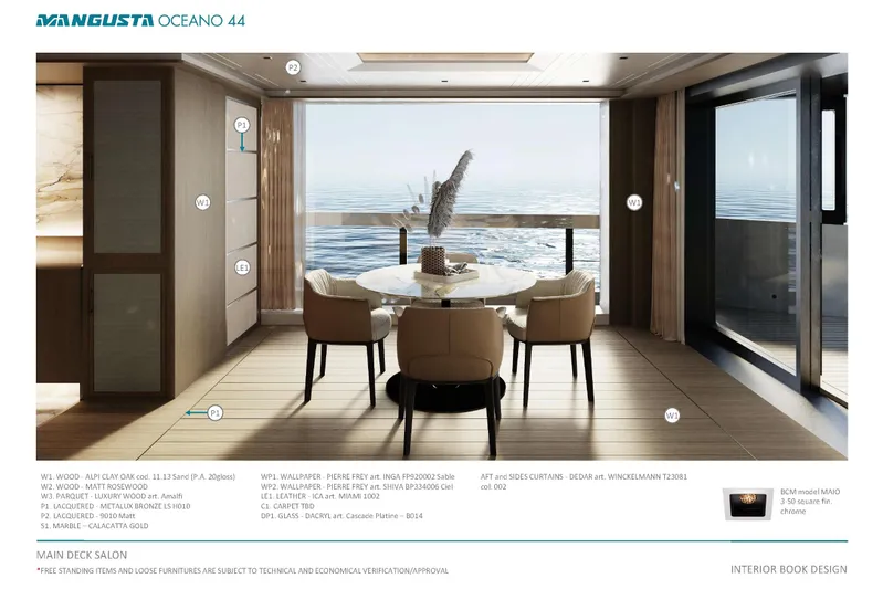 Oceano 44 Yacht Photos Pics Luxurious Mangusta Oceano 44 yacht interior with ocean view, elegant dining area, and modern design.