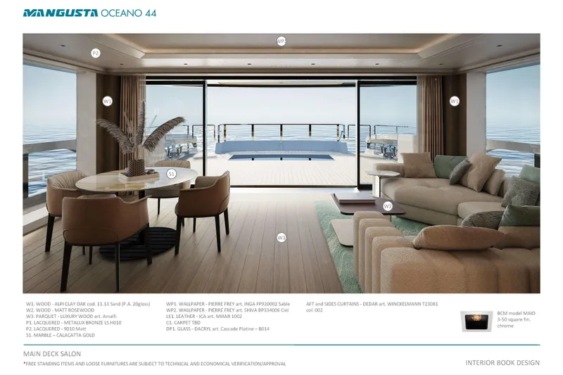 Oceano 44 Yacht Photos Pics Luxurious Mangusta Oceano 44 yacht interior with elegant furnishings and ocean view, 2027 model.
