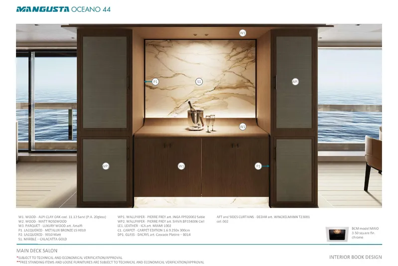 Oceano 44 Yacht Photos Pics Luxurious interior of 2027 Mangusta Oceano 44 yacht with elegant wood and marble finishes.