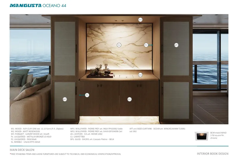 Oceano 44 Yacht Photos Pics Mangusta Oceano 44 yacht interior, featuring luxurious wood and marble design elements, 2027 model.