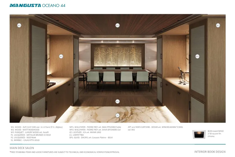 Oceano 44 Yacht Photos Pics Luxurious interior of 2027 Mangusta Oceano 44 yacht, featuring elegant wood and marble finishes.