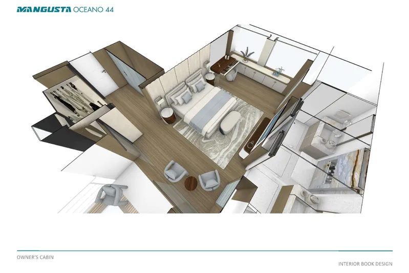 Oceano 44 Yacht Photos Pics Owner's cabin interior of 2027 Mangusta Oceano 44 yacht, featuring modern design and luxurious amenities.