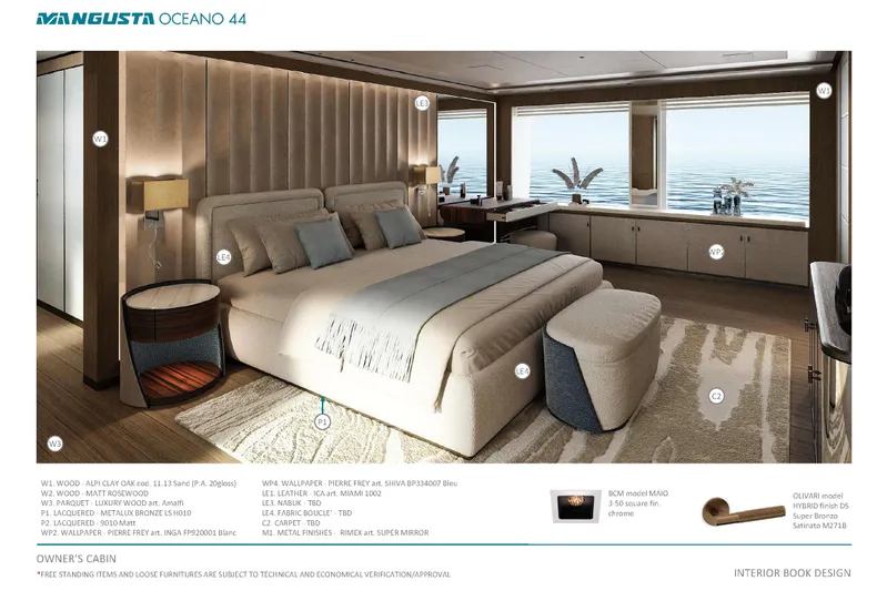 Oceano 44 Yacht Photos Pics Luxurious Mangusta Oceano 44 yacht bedroom interior, featuring elegant design and ocean views, 2027 model.