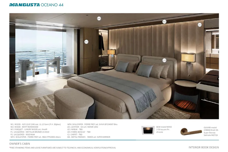 Oceano 44 Yacht Photos Pics Luxurious owner's cabin in 2027 Mangusta Oceano 44 yacht, featuring elegant interior design and ocean views.