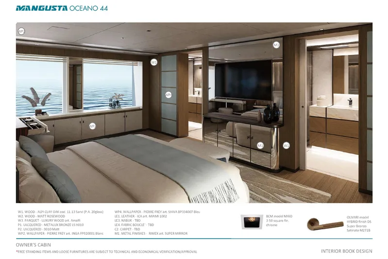 Oceano 44 Yacht Photos Pics Luxurious Mangusta Oceano 44 yacht owner's cabin with modern interior design, 2027 model.