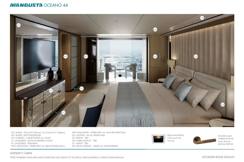 Oceano 44 Yacht Photos Pics Luxurious Mangusta Oceano 44 yacht interior, featuring elegant bedroom with ocean view, 2027 model.