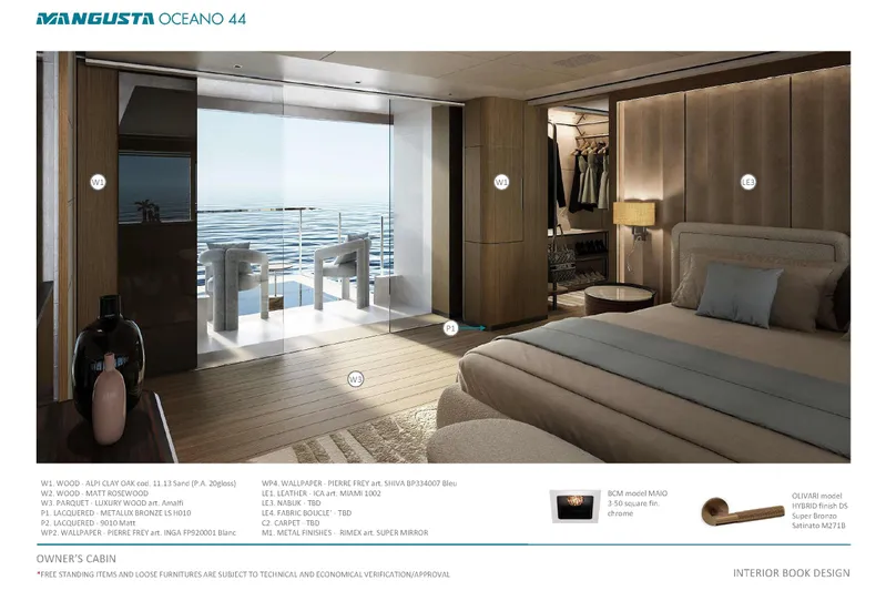 Oceano 44 Yacht Photos Pics Luxurious Mangusta Oceano 44 yacht interior, featuring elegant bedroom with ocean view, 2027 model.