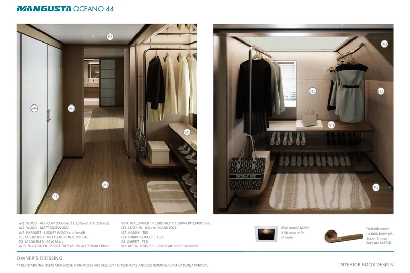 Oceano 44 Yacht Photos Pics Luxurious Mangusta Oceano 44 yacht interior, featuring elegant wood finishes and modern closet design.