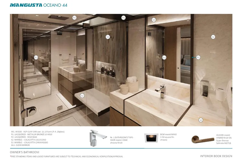 Oceano 44 Yacht Photos Pics Luxurious bathroom interior of 2027 Mangusta Oceano 44 yacht, featuring marble and modern fixtures.