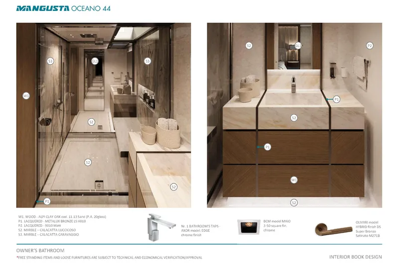 Oceano 44 Yacht Photos Pics Luxurious Mangusta Oceano 44 yacht bathroom with marble and wood finishes, featuring modern fixtures.