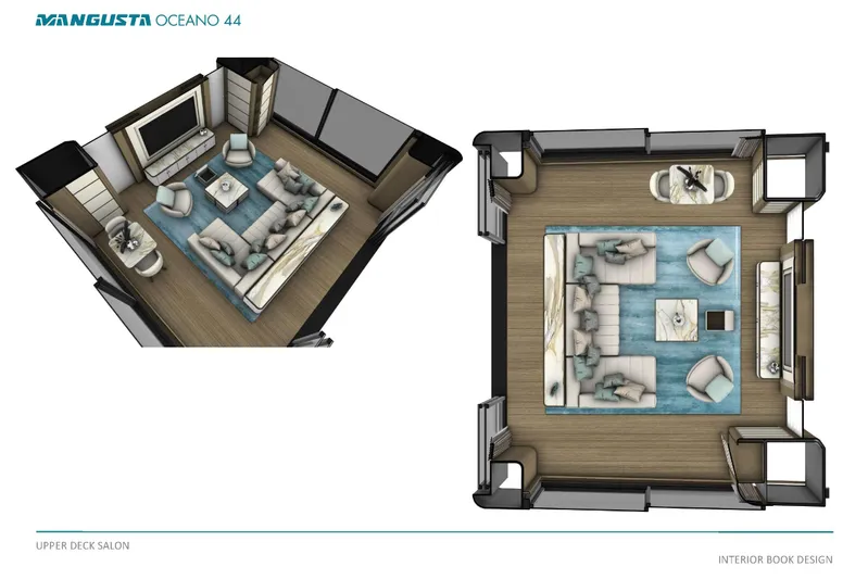 Oceano 44 Yacht Photos Pics Upper deck salon design of 2027 Mangusta Oceano 44 yacht, featuring modern furnishings.