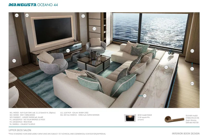 Oceano 44 Yacht Photos Pics Luxurious Mangusta Oceano 44 yacht interior with elegant seating and ocean view, 2027 model.
