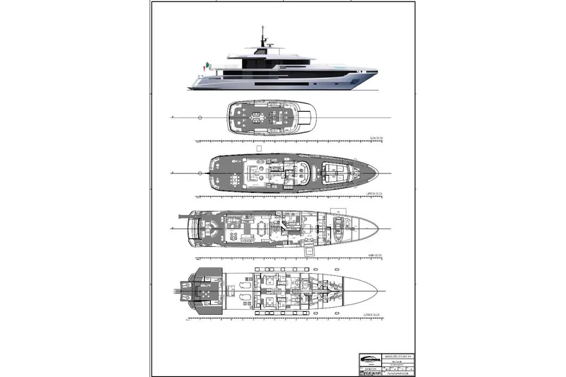 Oceano 44 Yacht Photos Pics Blueprint of 2027 Mangusta Oceano 44 yacht, showcasing detailed deck layouts and side profile.