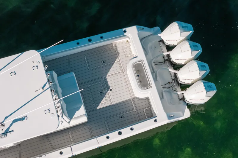  Yacht Photos Pics Overhead view of 2016 Invincible 42 Open Fisherman boat with four outboard engines.