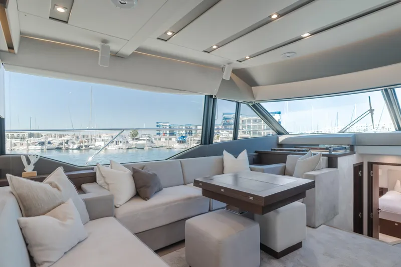 Seaduction Yacht Photos Pics Luxurious interior of 2018 Prestige 630 yacht with spacious seating and panoramic windows.