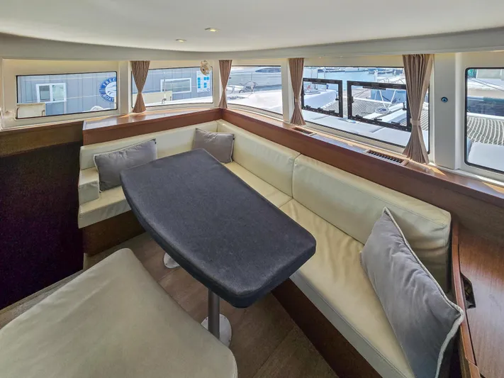 Le Tigre Yacht Photos Pics Interior of 2019 Lagoon 42 yacht with cozy seating and large windows.