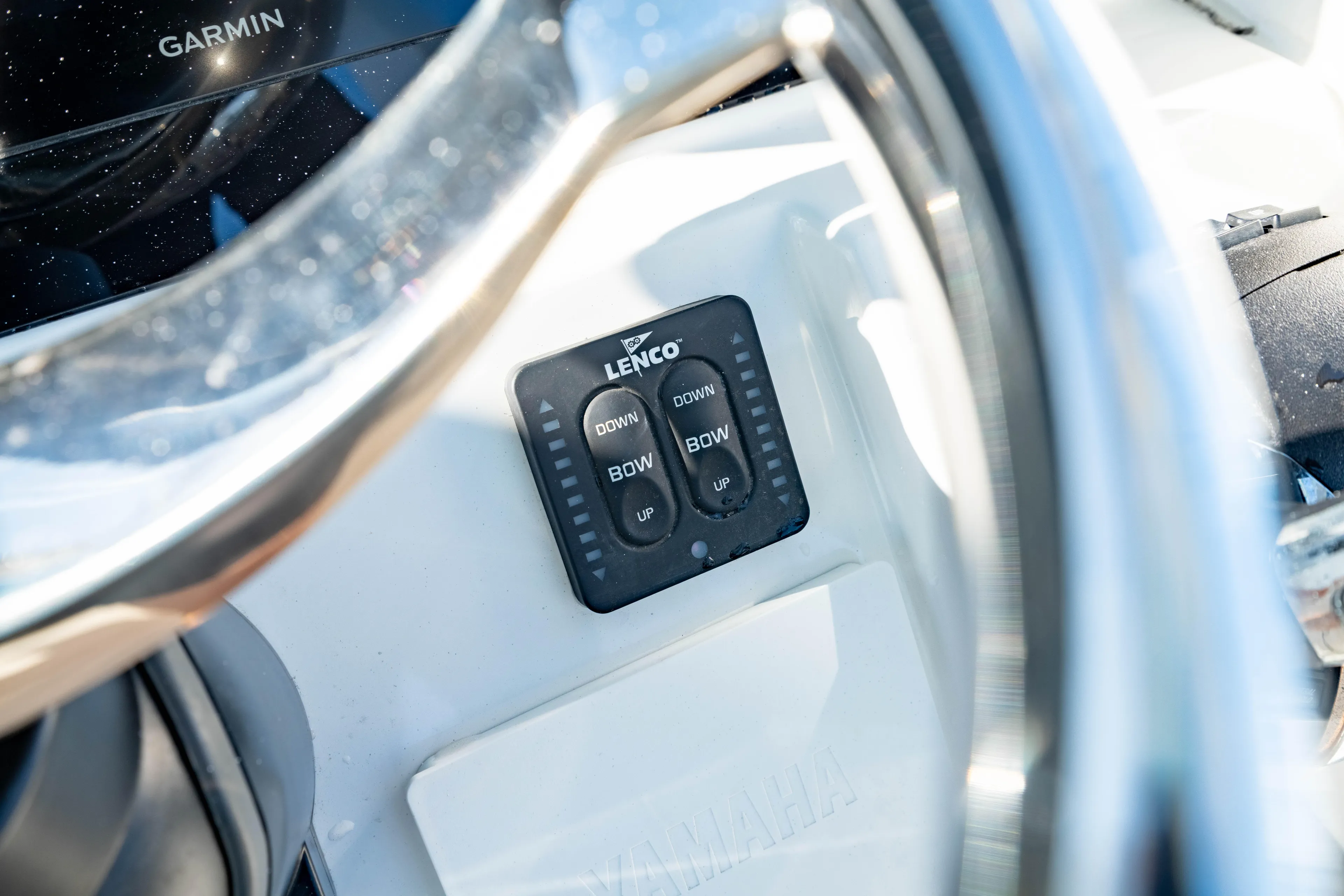 Yacht Photos Pics Close-up of Lenco control panel on 2022 Edgewater 262 CX boat dashboard.