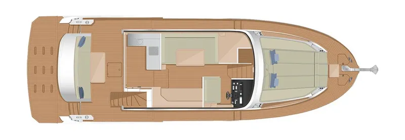  Yacht Photos Pics Top view layout of 2024 Sirena 48 Flybridge yacht, showcasing spacious deck and interior design.