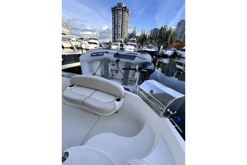 Tangerine Yacht Photos Pics 2009 Meridian 341 Sedan yacht at marina, featuring seating and outdoor grill.