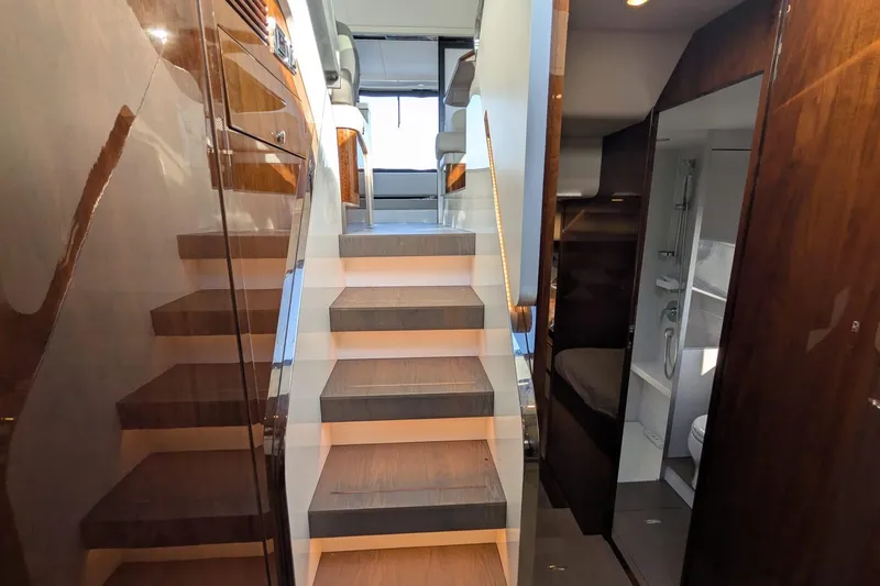 Seakeeper Gyro Yacht Photos Pics Interior of 2022 Fairline Targa 45 GT yacht with modern staircase and luxurious design.