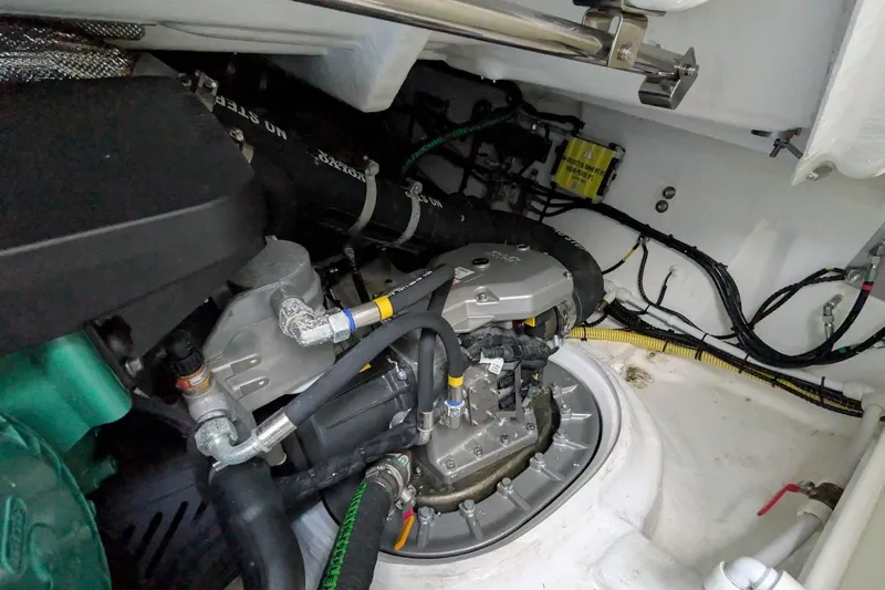 Seakeeper Gyro Yacht Photos Pics Engine compartment of 2022 Fairline Targa 45 GT yacht, showcasing mechanical components.