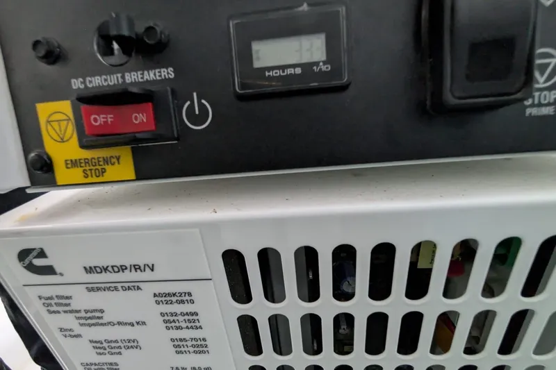 Seakeeper Gyro Yacht Photos Pics Control panel of a 2022 Fairline Targa 45 GT with emergency stop and circuit breakers.