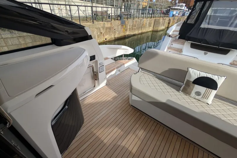 Seakeeper Gyro Yacht Photos Pics 2022 Fairline Targa 45 GT yacht interior with elegant seating and modern design.