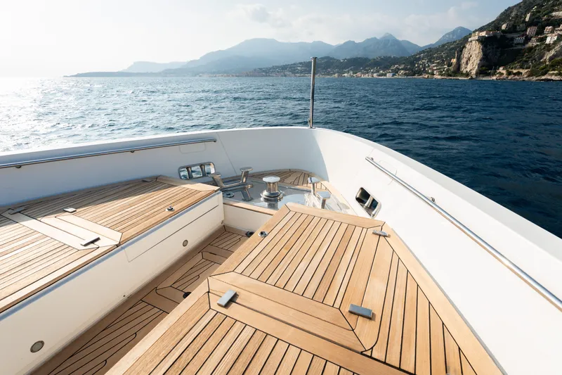 La Yacht Photos Pics Sanlorenzo SX88 2022 yacht deck with scenic ocean and mountain views.