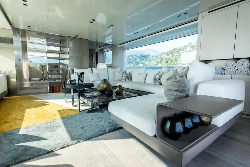 La Yacht Photos Pics Luxurious interior of 2022 Sanlorenzo SX88 yacht with modern decor and panoramic views.