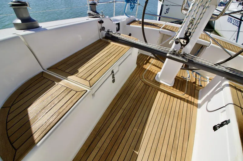  Yacht Photos Pics Cockpit of 2008 Hanse 370e sailboat with teak flooring and seating.