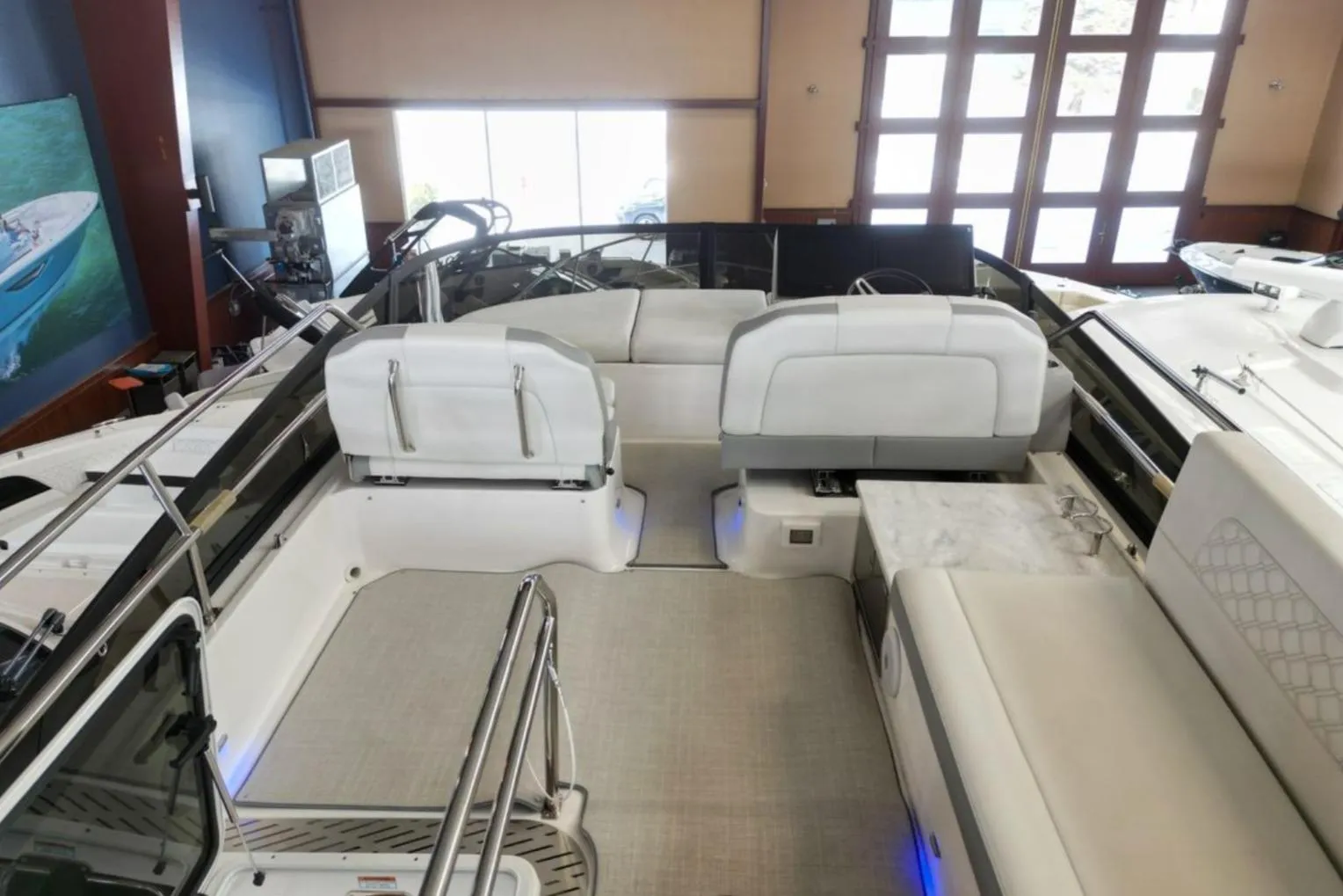 2023 Regal 42 Fly yacht interior with modern seating and sleek design.