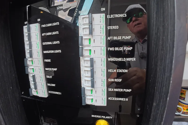  Yacht Photos Pics Control panel of a 2025 Schaefer V44 yacht with various labeled switches.
