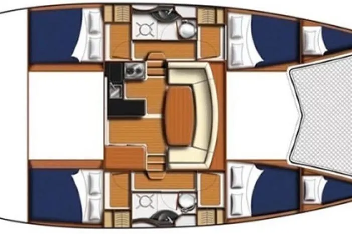 Lovely Cruise Yacht Photos Pics Floor plan of a 2011 Leopard 38 catamaran, featuring cabins and central living area.