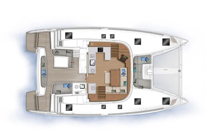 Eden Yacht Photos Pics 2022 Lagoon 46 catamaran layout with spacious deck and modern interior design.