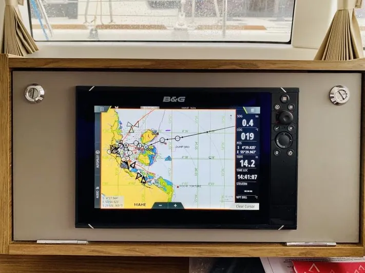 Unicorn Yacht Photos Pics Navigation system on a 2019 Lagoon 40 catamaran displaying a nautical chart.