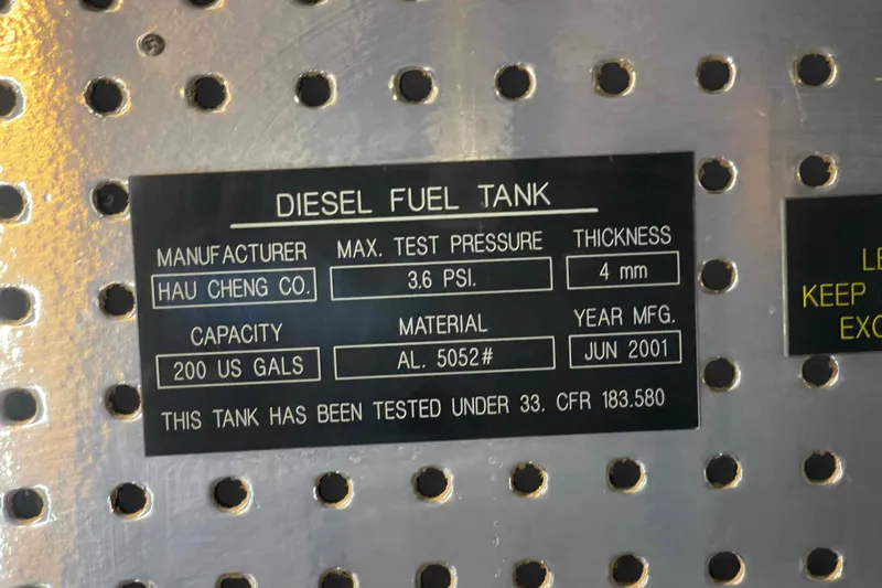 Free Ride Yacht Photos Pics Label on diesel fuel tank, 2002 President Trawler, 200 US gallons, manufactured June 2001.