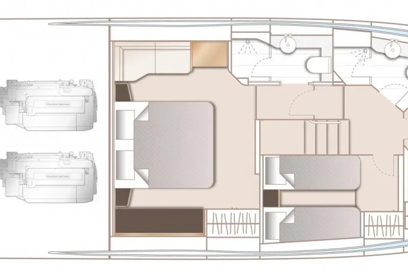 Home Office II Yacht Photos Pics 2023 Princess V60 yacht layout with bedrooms, bathrooms, and engine room.