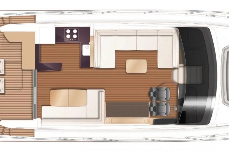Home Office II Yacht Photos Pics 2023 Princess V60 yacht interior layout with seating, kitchen, and helm area.